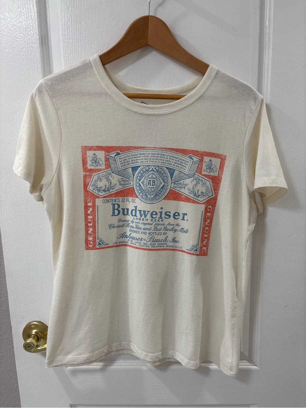Budweiser Cream Short Sleeve Graphic Tee with Red and Blue Label Graphic